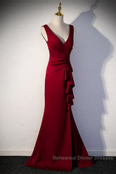 Wine Red V-Neckline Mermaid Long Party Dress With Leg Slit, Wine Red Semi Formal Prom Dress
